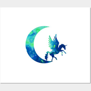 Blue Crescent Moon and Unicorn Posters and Art